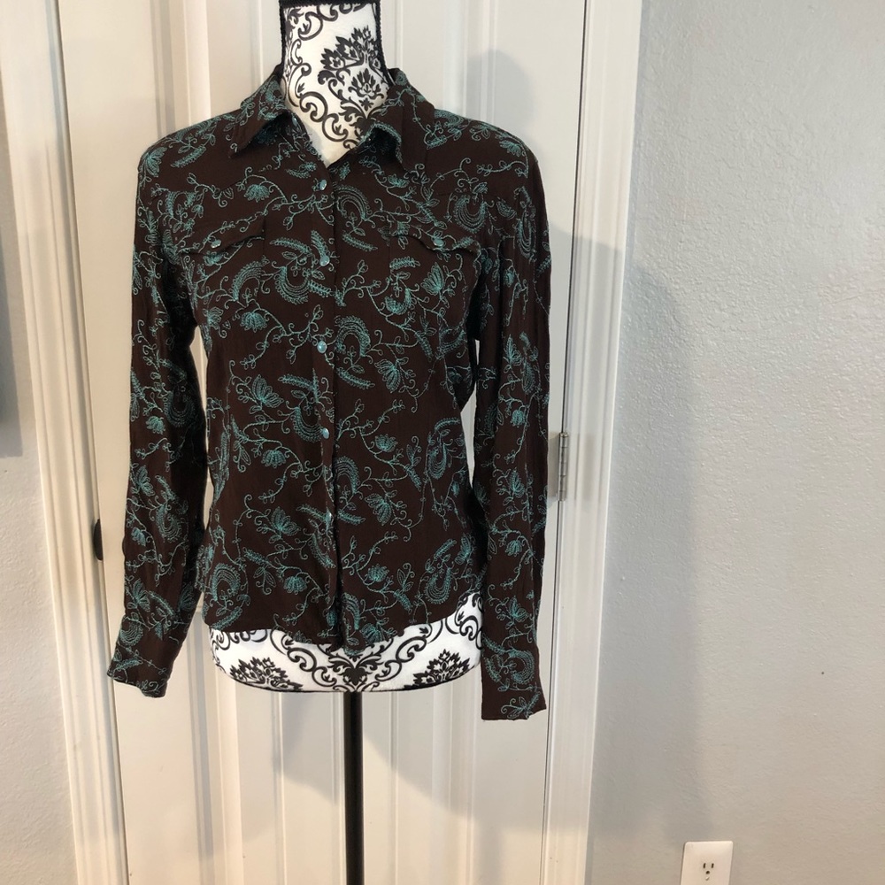 Mocha & Turquoise ladies western shirt. Medium